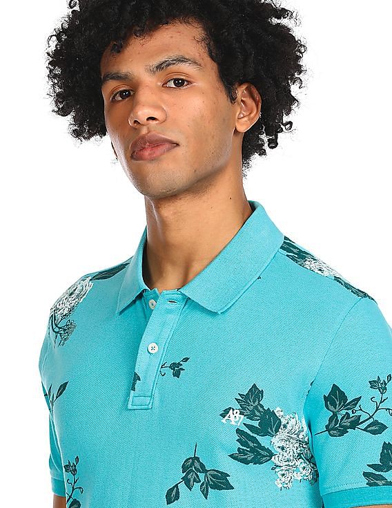 Aeropostale Men Turquoise Cotton Floral Print Polo Shirt