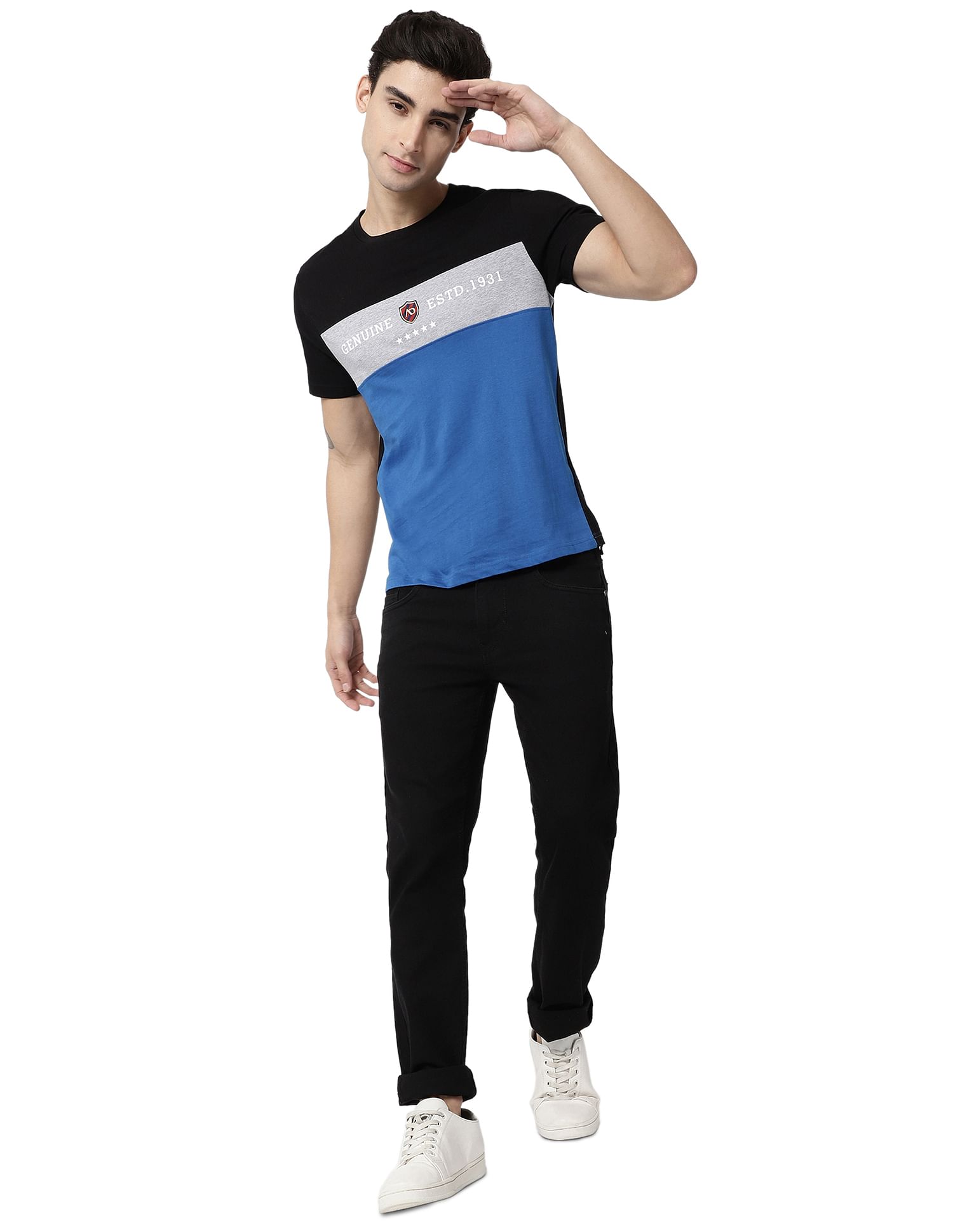 AD by Arvind Crew Neck Colour Block Cotton T-Shirt
