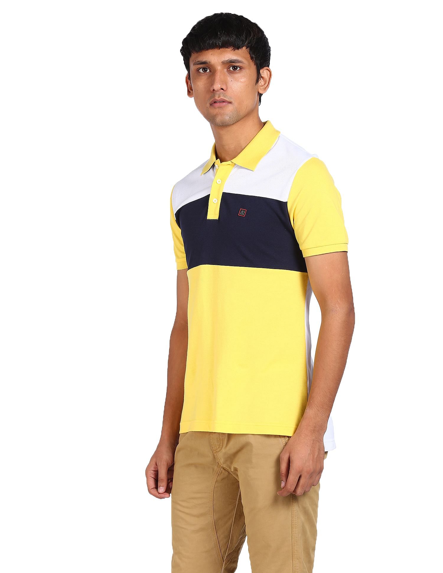 Buy AD by Arvind Men Navy And Yellow Cotton Colour Block Logo Polo Shirt -  NNNOW.com