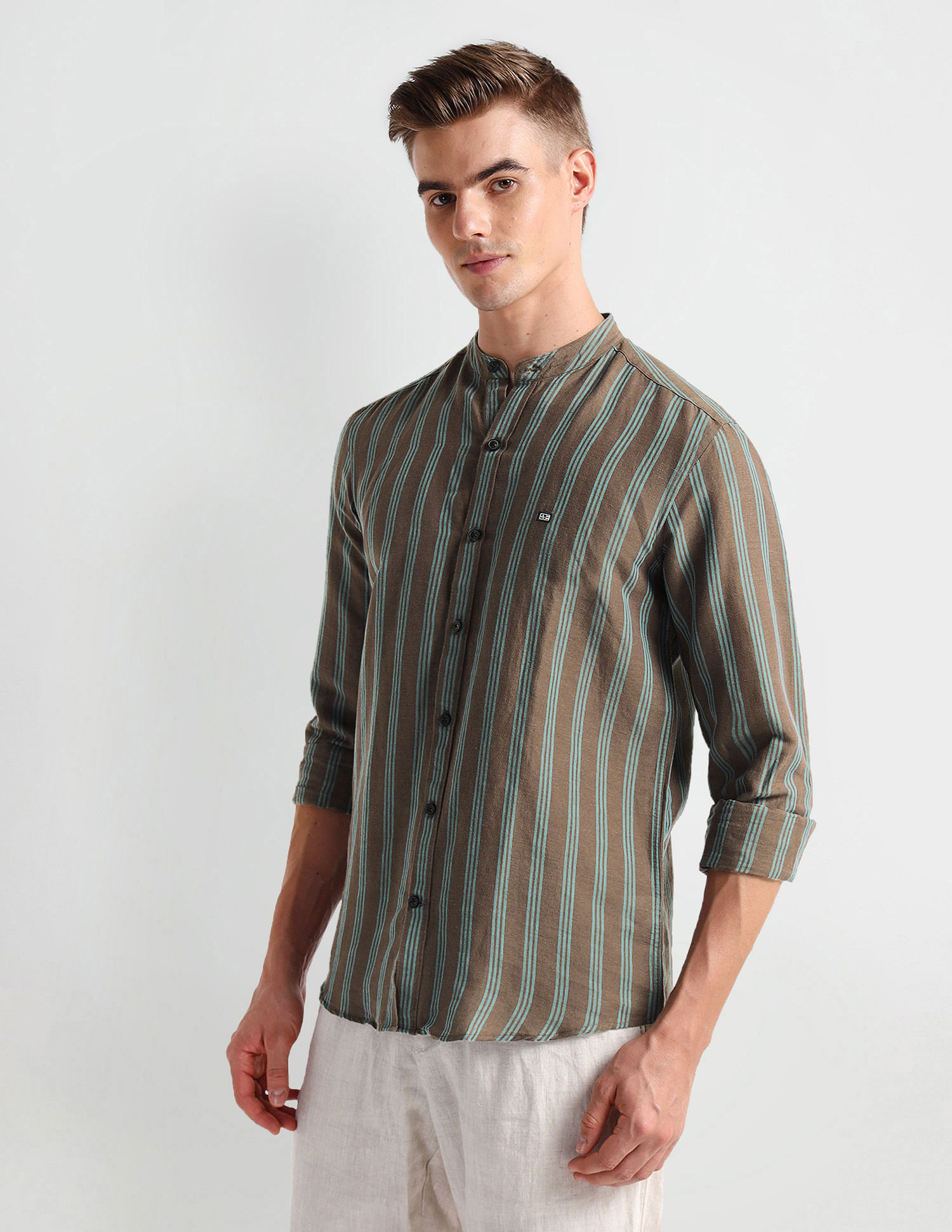 Arrow Sports Mandarin Collar Vertical Stripe Shirt