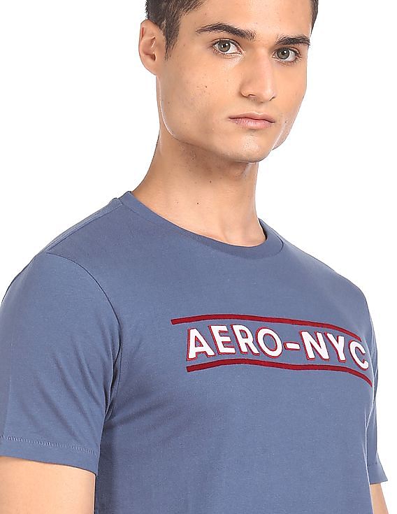 Aeropostale Men Blue Appliqued Logo Cotton T-Shirt