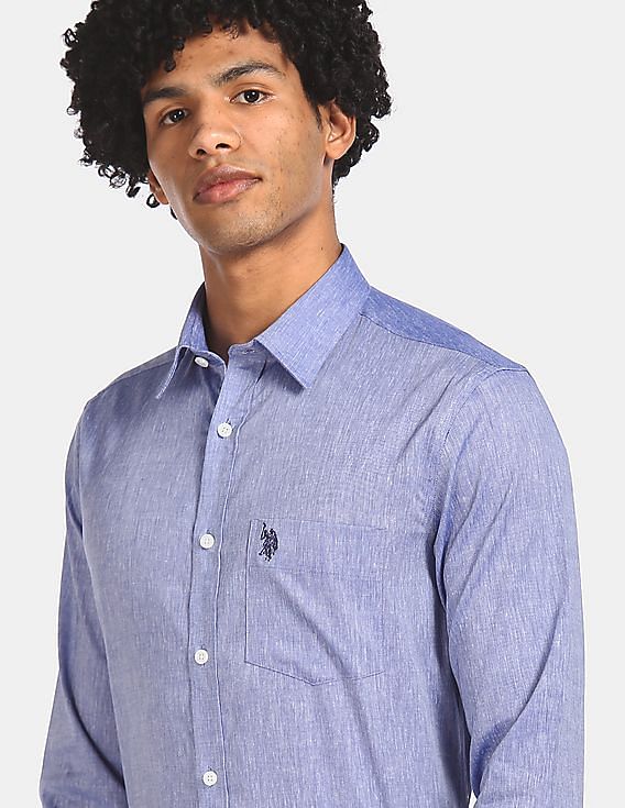 USPA Tailored Men Blue Tailored Regular Fit Heathered Formal Shirt