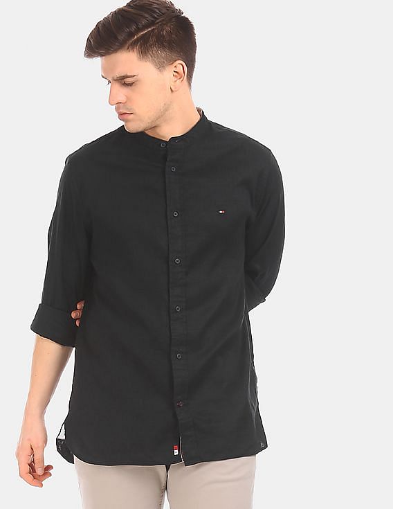 Buy Tommy Men Black Mandarin Collar Linen Casual Shirt - NNNOW.com