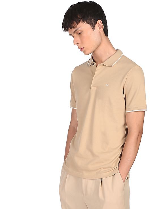 Calvin Klein Men Beige Cotton Stretch Tipped Pique Polo Shirt