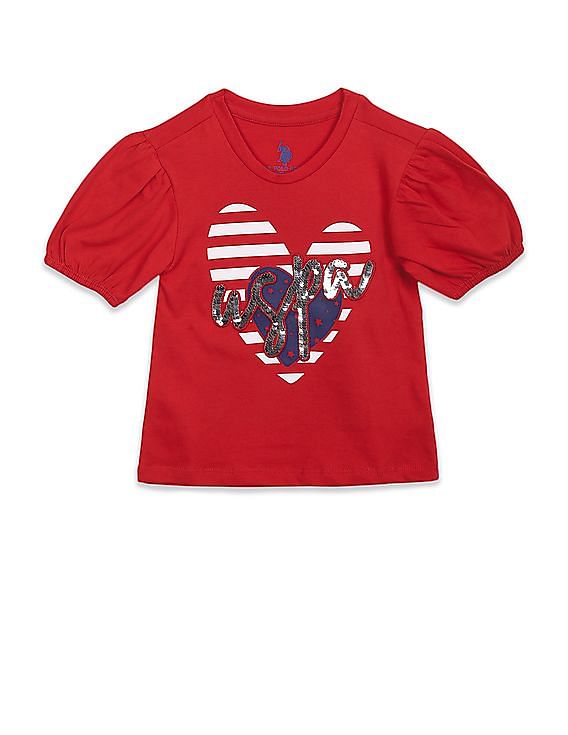 U.S. Polo Assn. Kids Girls Red Puff Sleeve Embellished Logo T-Shirt