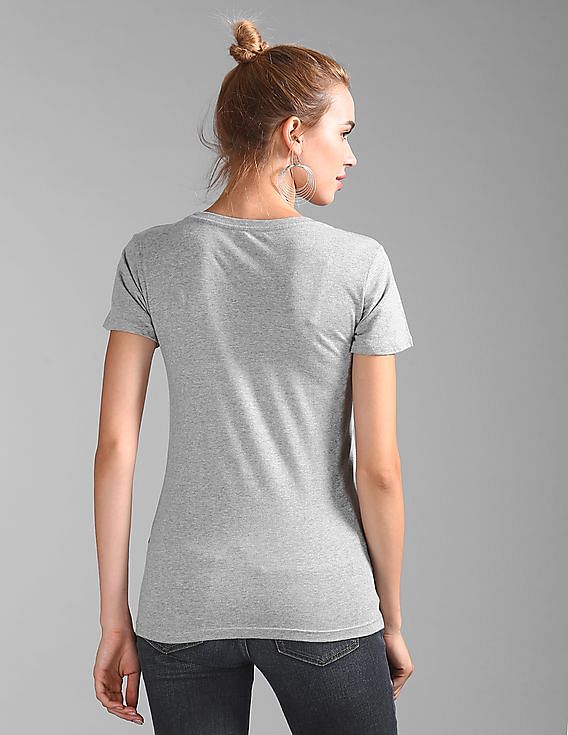 GAP Women Grey Crew Neck Logo Print T-Shirt