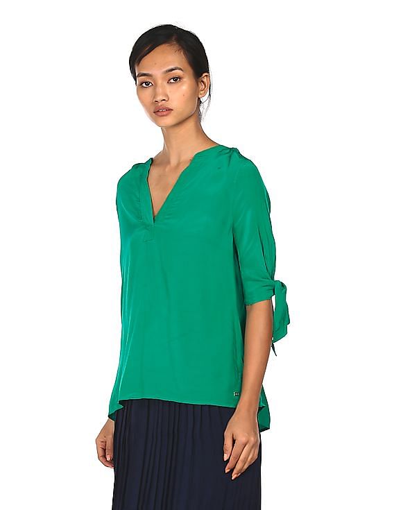 Tommy Hilfiger Women Green Notch Collar Solid Top