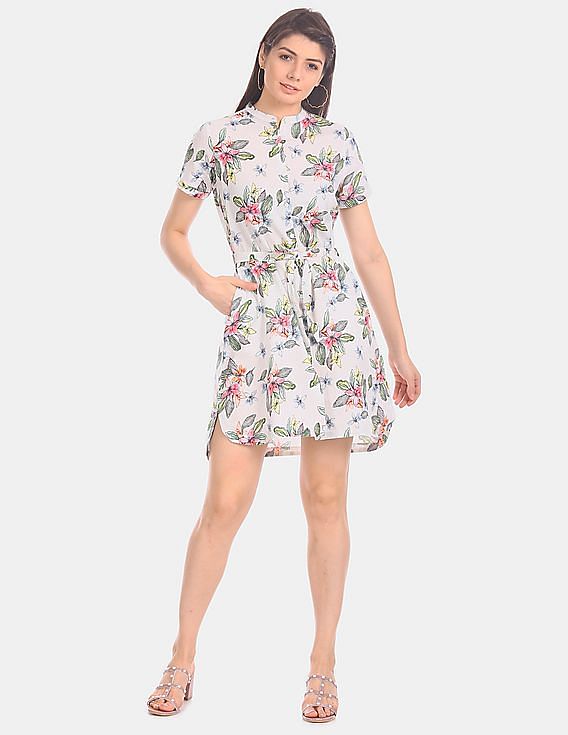 Polo collar floral printed best sale skater dress