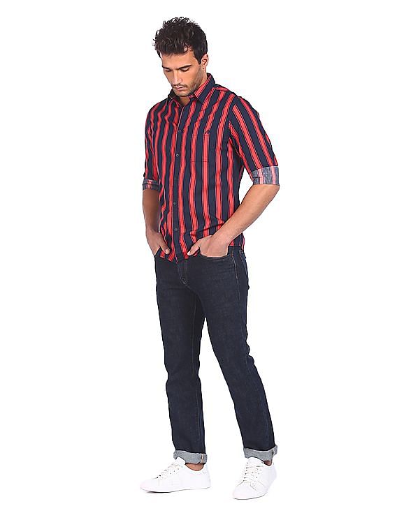 Aeropostale Men Dark Blue And Coral Spread Collar Striped Casual Shirt