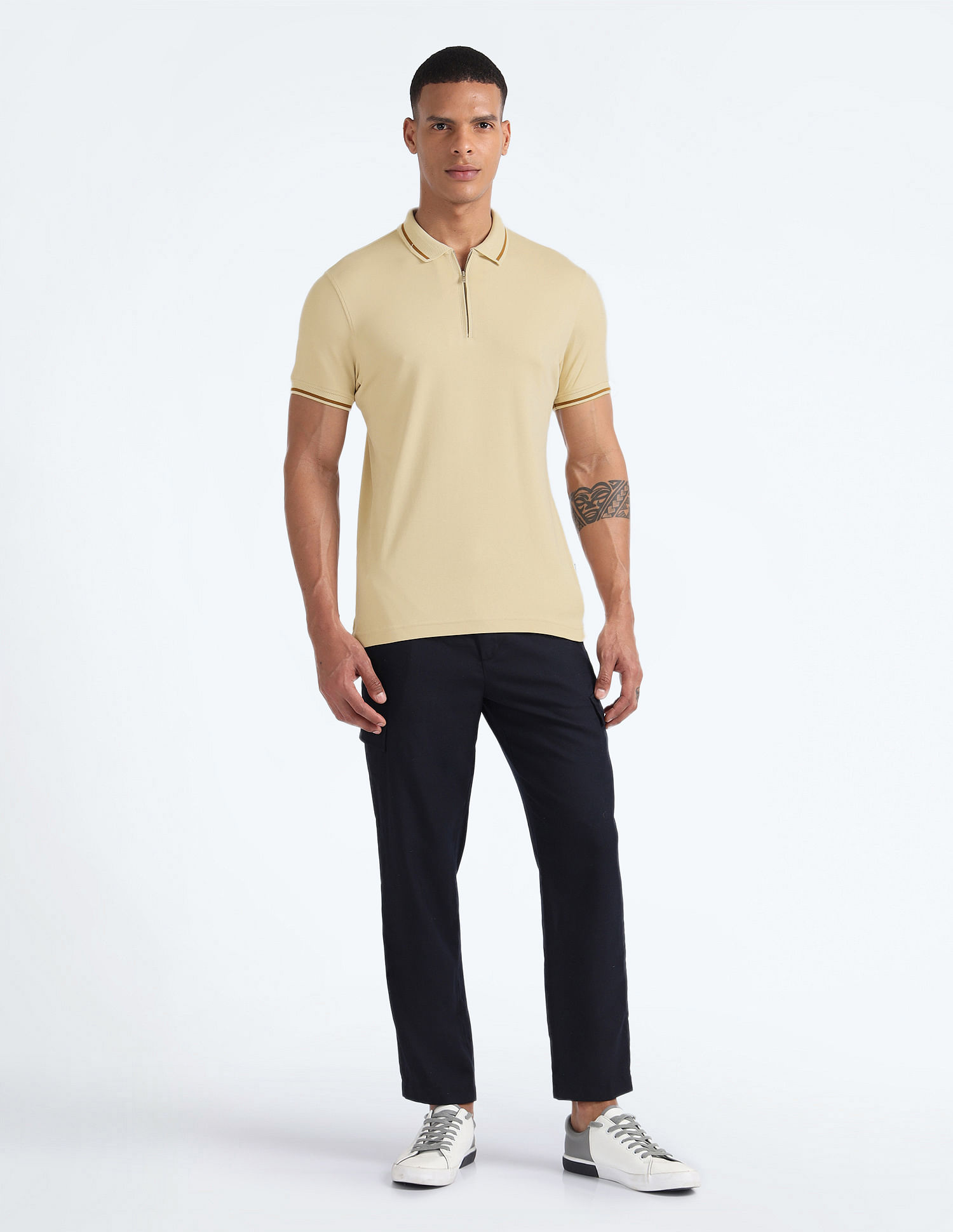Flying Machine Solid Zipper Polo Shirt