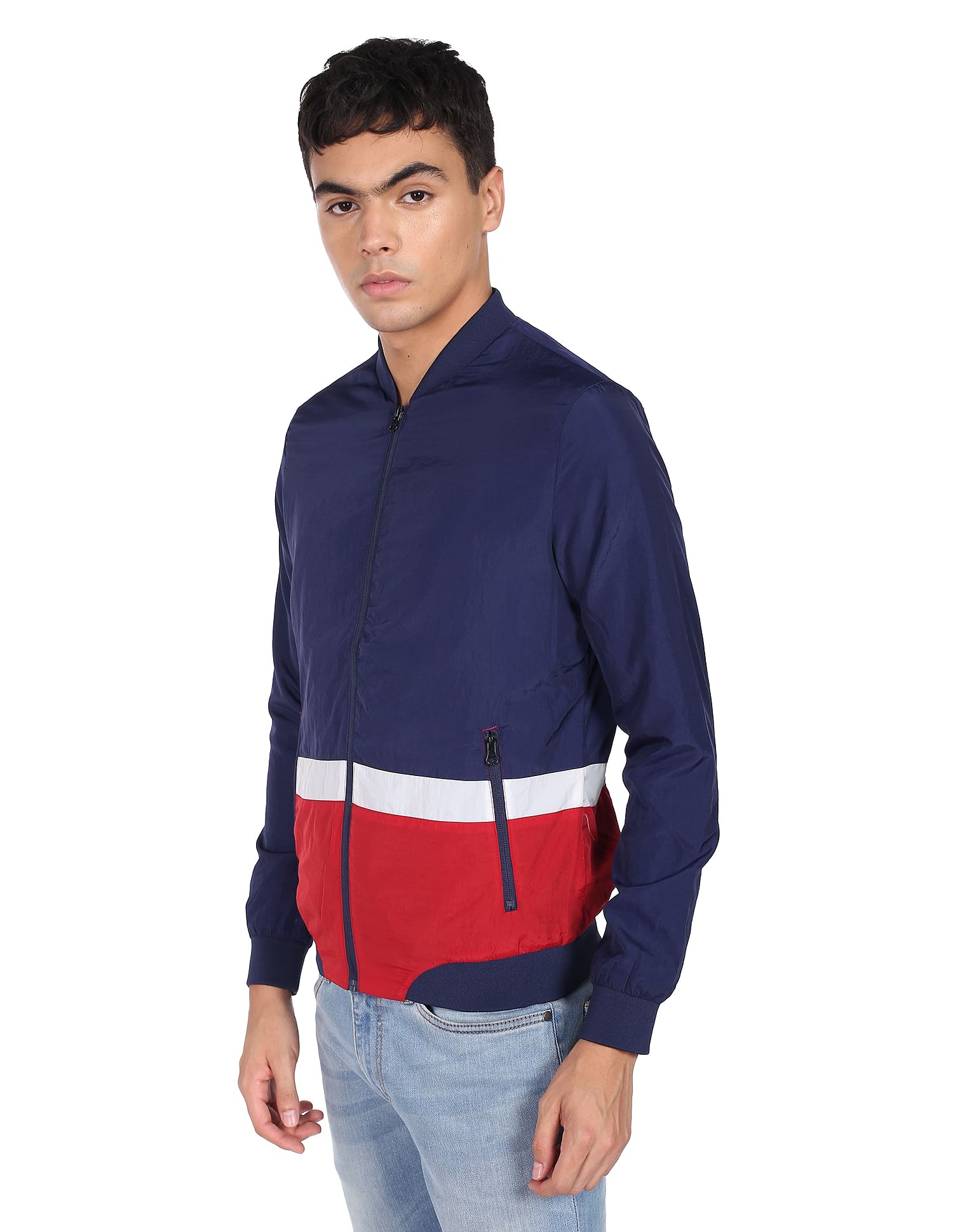 Flying Machine Stand Collar Colour Block Bomber Jacket
