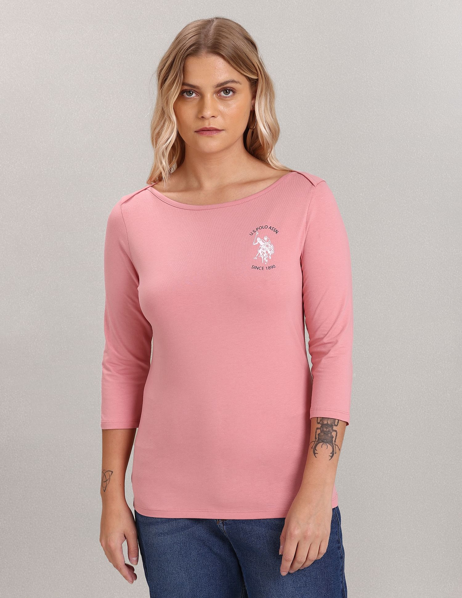 U.S. Polo Assn. Women Three Quarter Sleeve Solid T-Shirt
