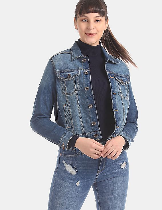 Buy online Women Navy Blue Solid Denim Jacket from jackets and blazers and  coats for Women by Showoff for ₹1809 at 60% off | 2024 Limeroad.com