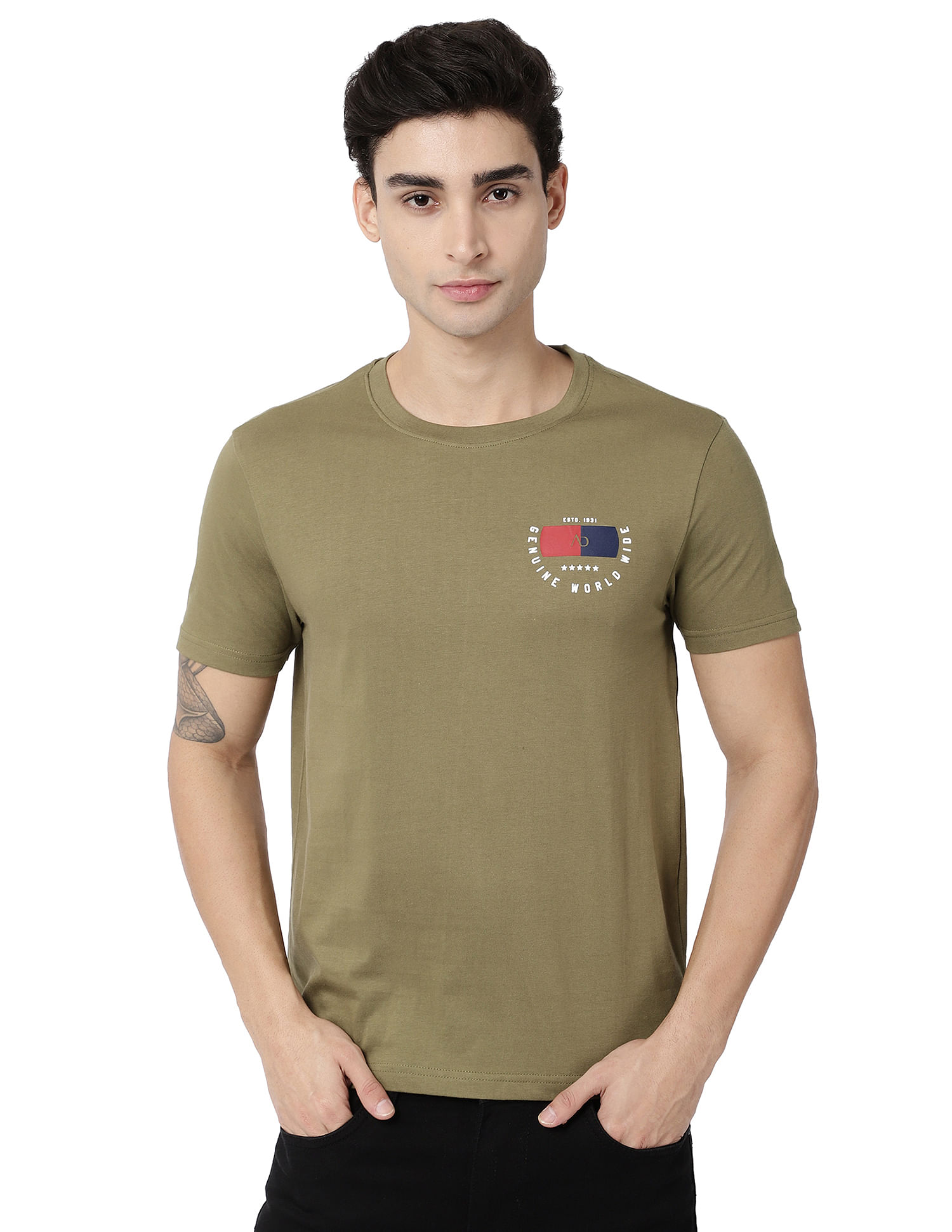 AD by Arvind Crew Neck Solid Cotton T-Shirt