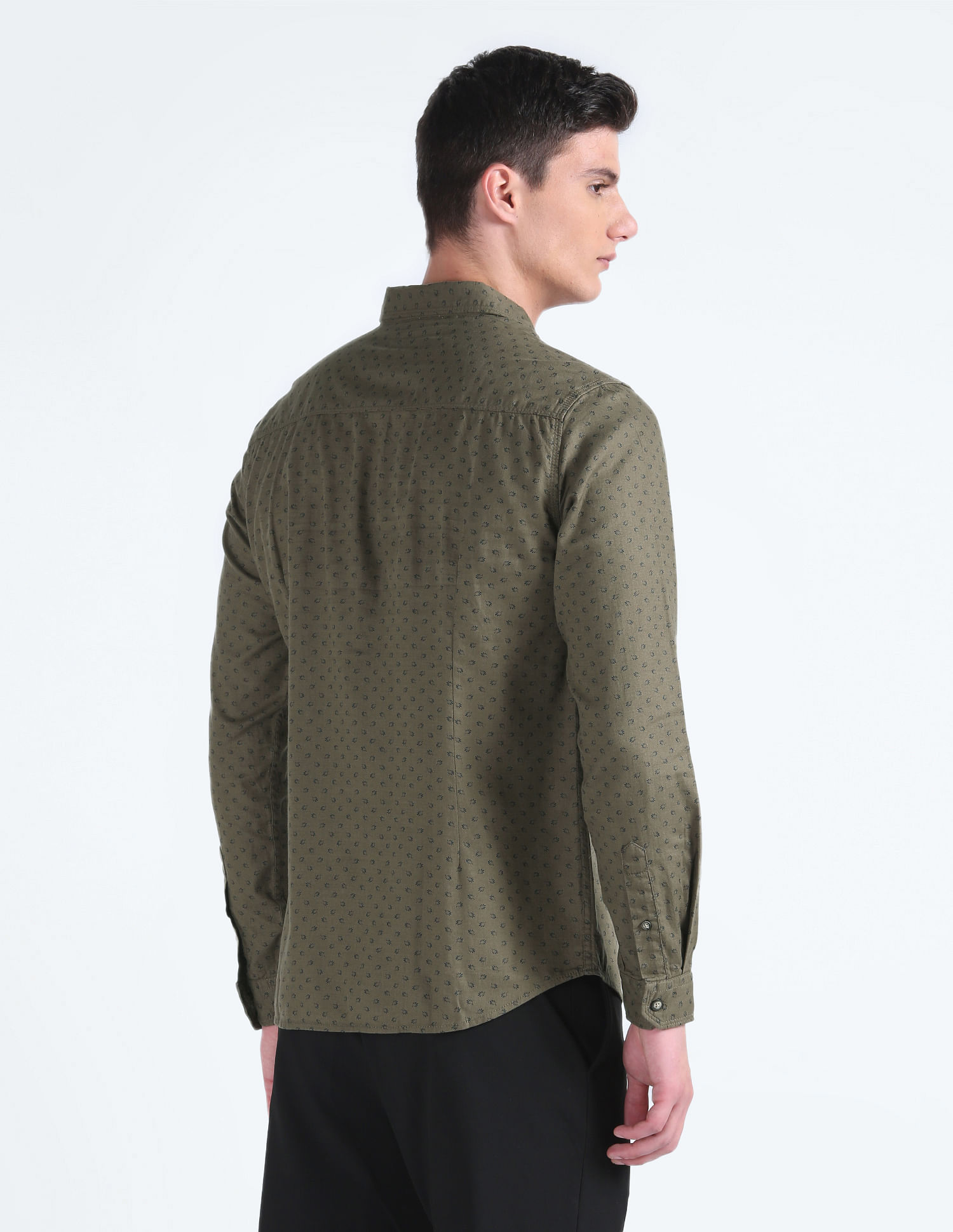 Flying Machine Geometric Print Herringbone Weave Shirt