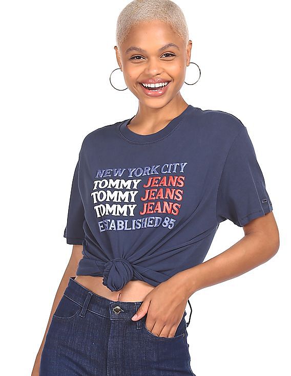 Buy Tommy Hilfiger Women Navy Round Neck Brand Print T-Shirt
