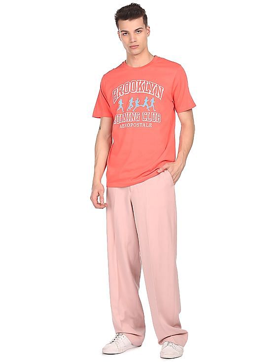 Aeropostale Men Coral Crew Neck Cotton Brand Print T-Shirt