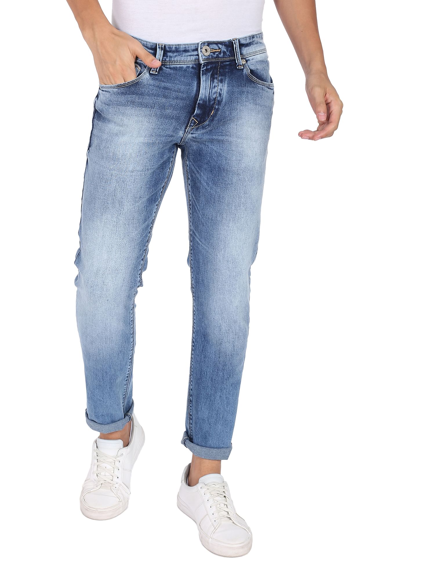 Flying Machine Mid Rise Acid Wash Denim Weave Jeans