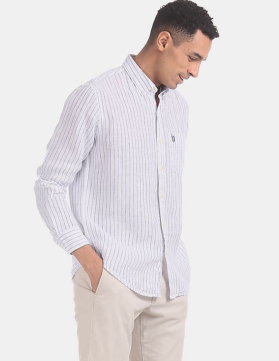 U.S. Polo Assn. Vertical Stripe Button Down Collar Linen Casual Shirt