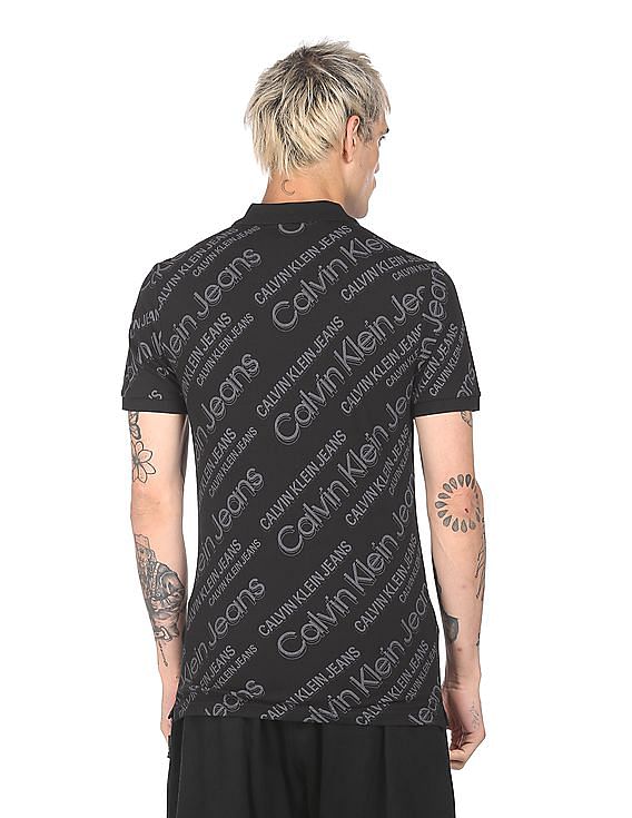 関税なし 送料無料 Black Silk Cady Polo T-Shirt Buy Calvin Klein Men Black Short sleeve Printed Polo Shirt