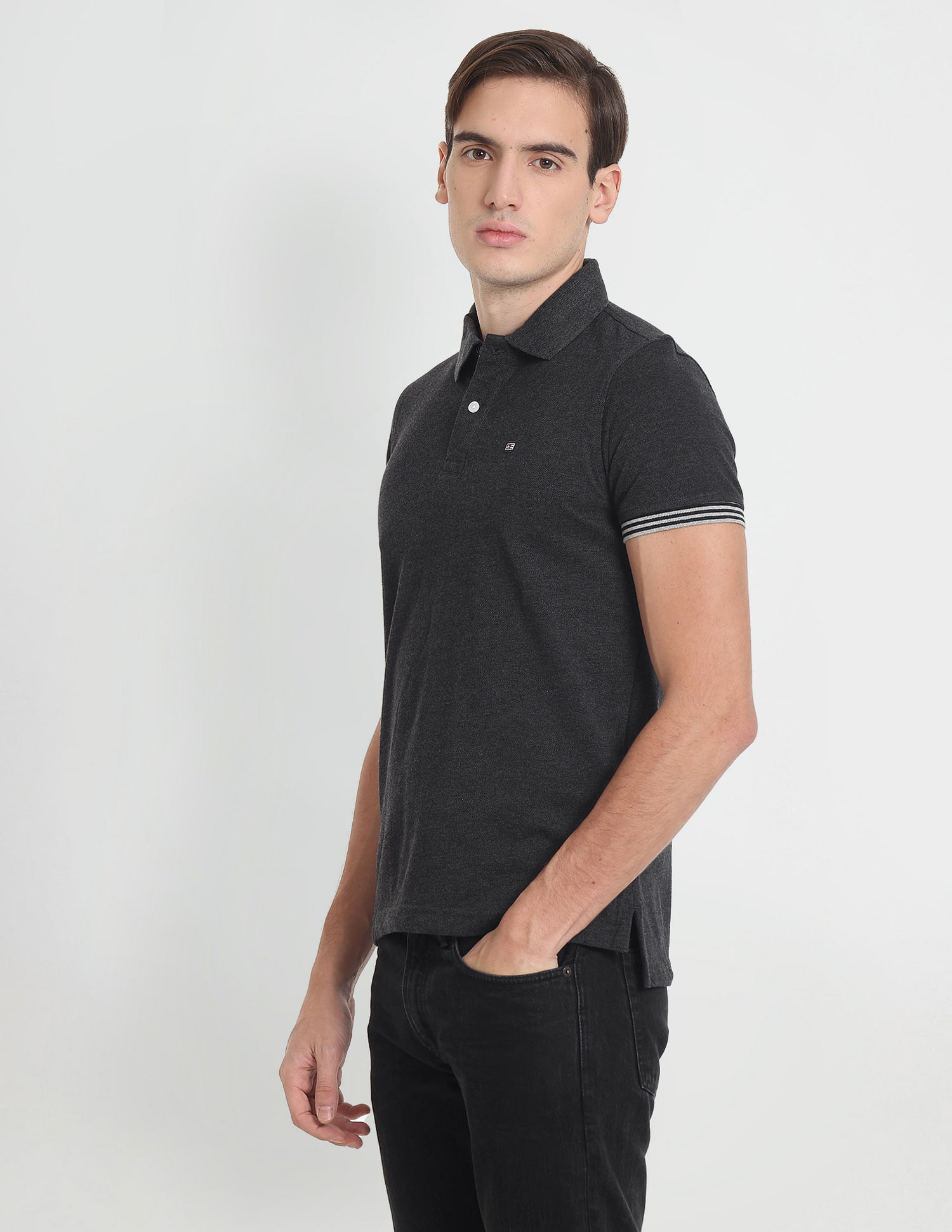 Arrow Sports Striped Sleeve Hem Heathered Polo Shirt