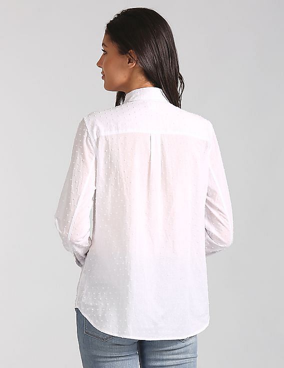 GAP Women White New Fitted Boyfriend Swiss Dot Shirt