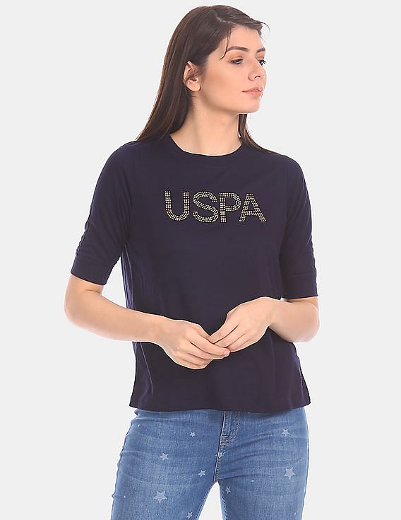 U.S. Polo Assn. Women Blue Brand Embellished Round Neck T-Shirt