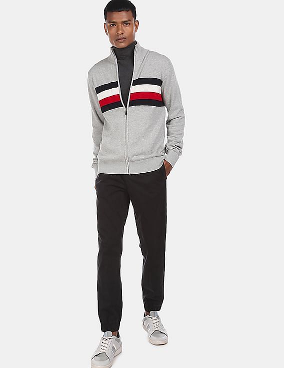 Buy Tommy Hilfiger Men Grey High Neck Zip Through Striped Sweater