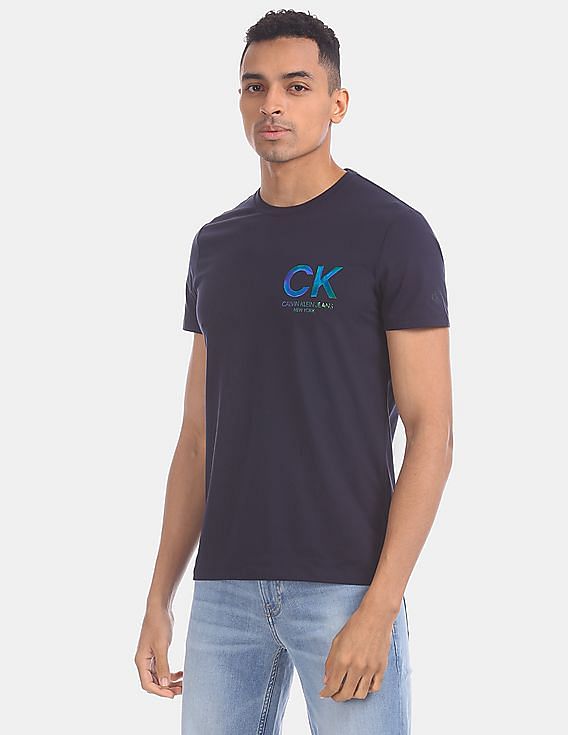 Buy Calvin Klein Men Navy Shiny Chest Logo Crew Neck Cotton