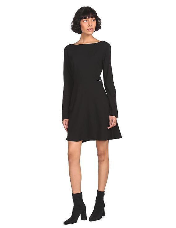 bateau black dress Black Long Sleeve Knit Contrast Layer Short Dress main image 1