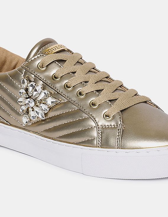 Buy GUESS Women Gold Stone Embellished Round Toe Sneakers