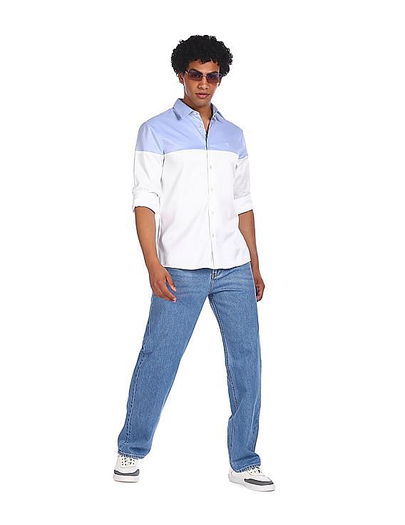 blue cotton color block casual shirt