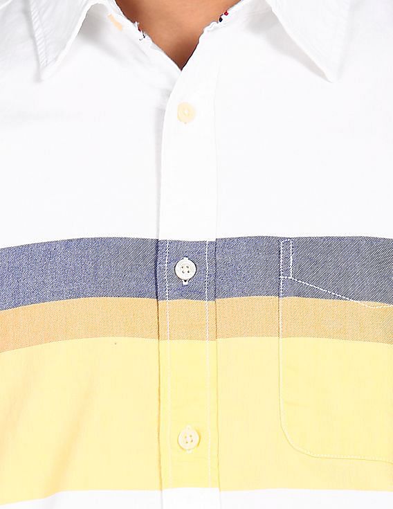 Aeropostale Men White And Yellow Spread Collar Striped Casual Shirt
