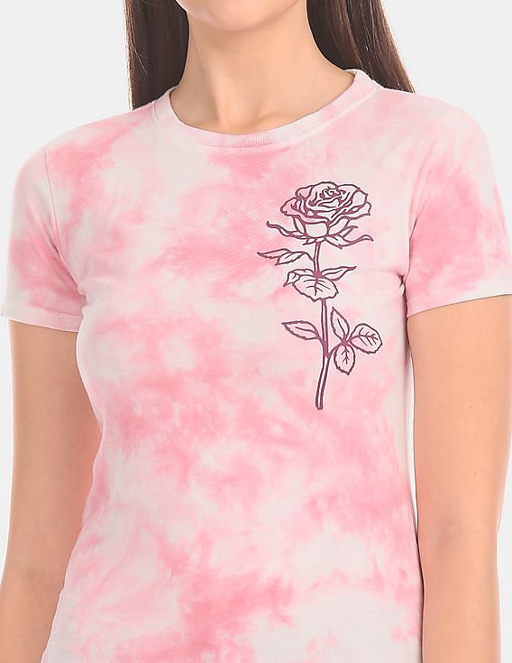 Aeropostale Women Pink Crew Neck Allover Dye Cotton Jersey T-Shirt
