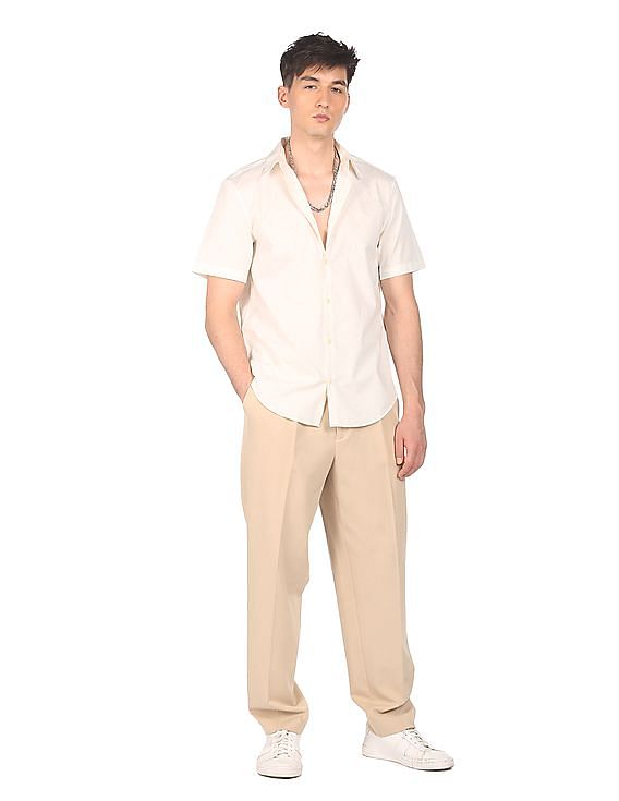 Calvin Klein Men Off White Dot Print Cotton Stretch Casual Shirt
