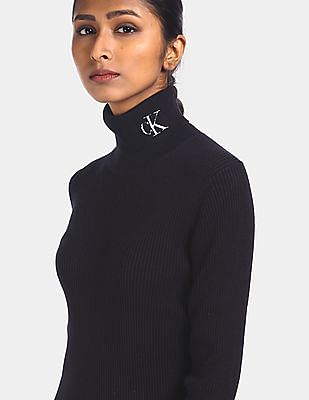Buy Calvin Klein Women Black Striped High Neck Sweater 
