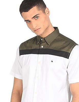 Tommy Hilfiger Men Green And White Short Sleeve Colour Block Casual Shirt