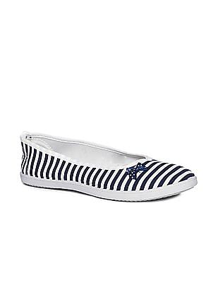 navy and white striped shoes