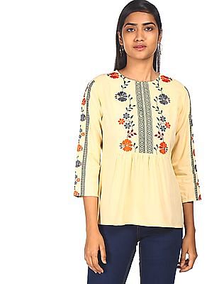 Flying Machine Women Round Neck Embroidered Top