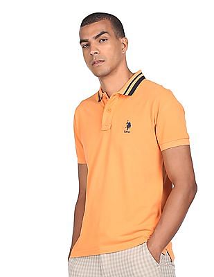 U S Polo Assn Striped Collar Solid Polo Shirt