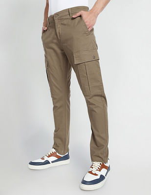 Flying Machine Men  Khaki Solid Twill Cargo Trousers