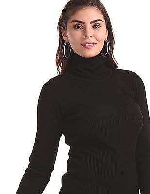 Buy Women Black Turtleneck Rib Knit Sweater online at Buy Women Black Turtleneck Rib Knit Sweater online at