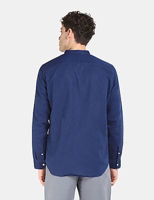Buy GAP Men Blue Standard Fit Band Collar Shirt In Linen-Cotton