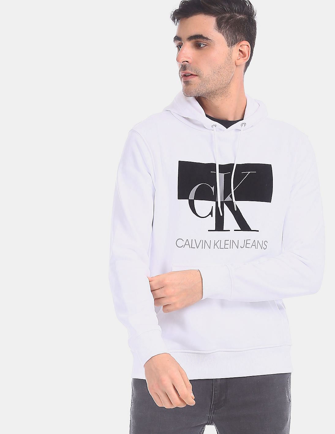 Buy Calvin Klein Men White Regular Fit Flock Branding Hoodie - NNNOW.com