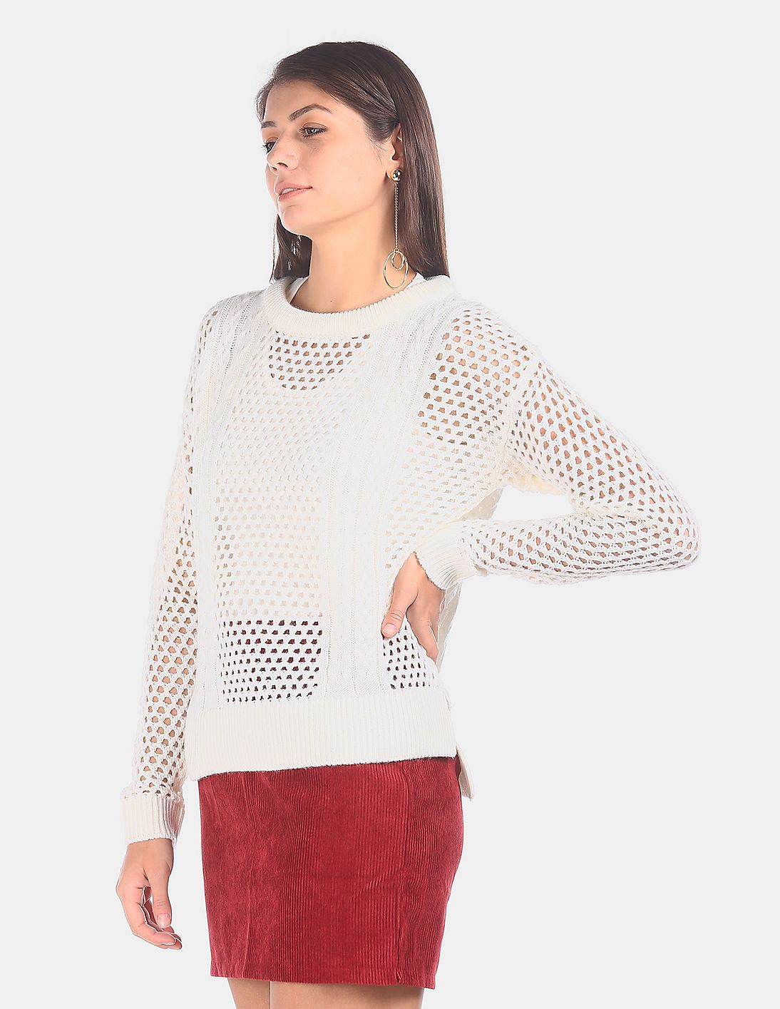 Buy Aeropostale Women Off White Round Neck Open Knit Sweater