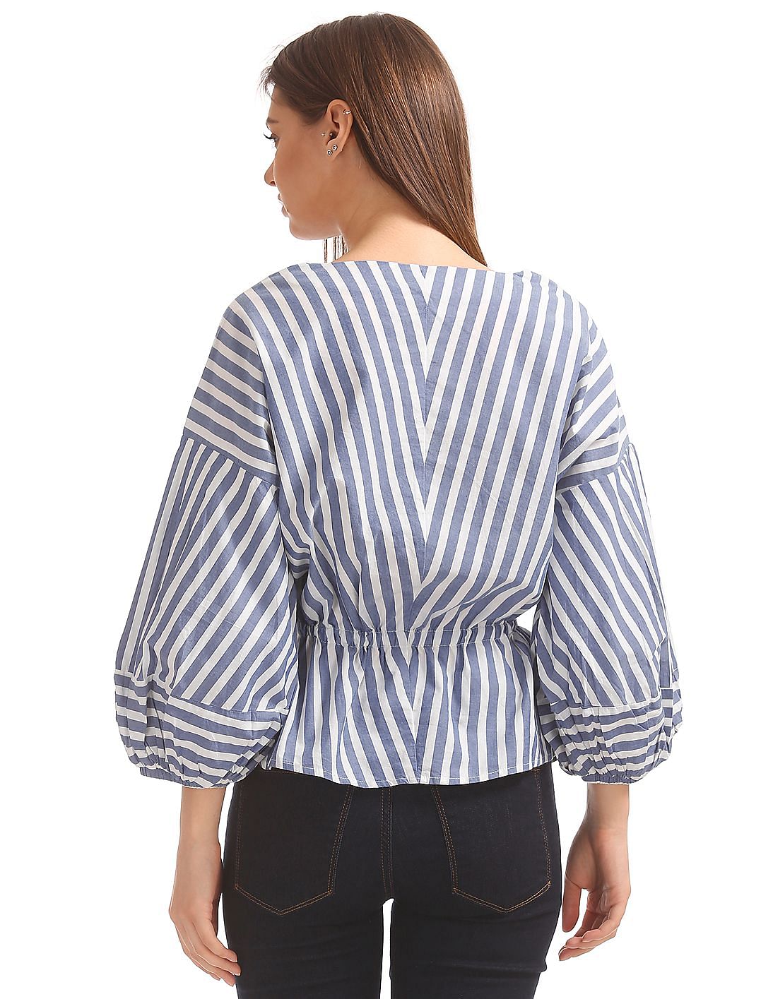 HYKE STRIPED BALLOON SLEEVE BLOUSE サイズ1 H&M half Balloon sleeve Blue And White Striped Blouse size 6