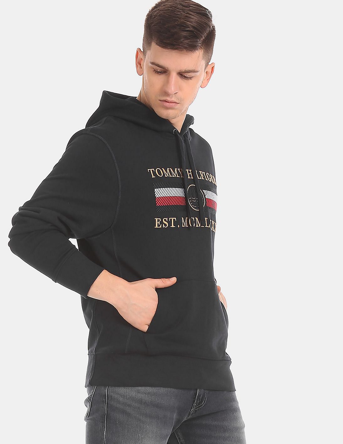 Buy Tommy Hilfiger Men Black Drawstring Hood Embroidered Sweatshirt ...