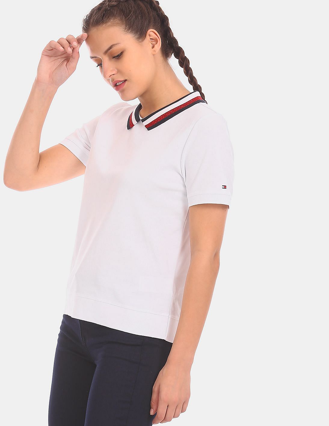 Buy Tommy Hilfiger Women Women White Striped Collar Solid Polo Shirt ...