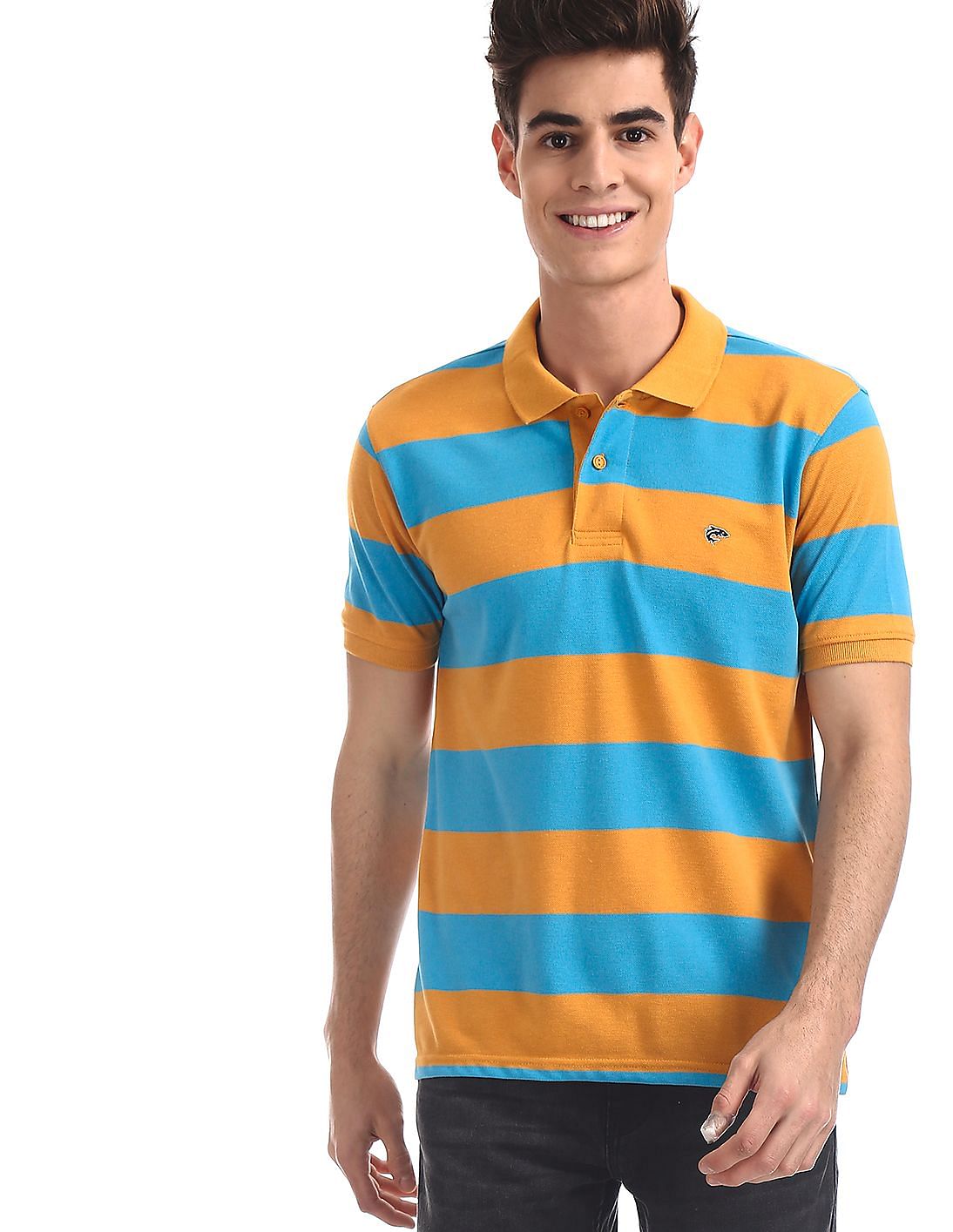 yellow and blue striped polo shirt