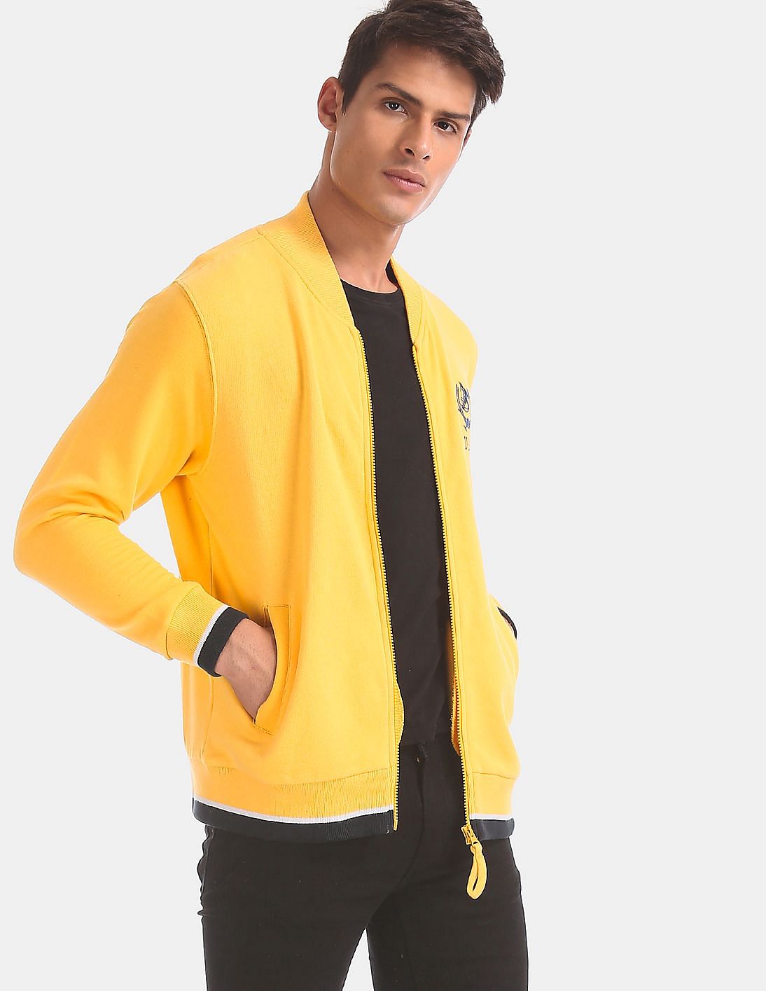 Buy Men Yellow High Neck Zip Up Sweatshirt online at NNNOW.com